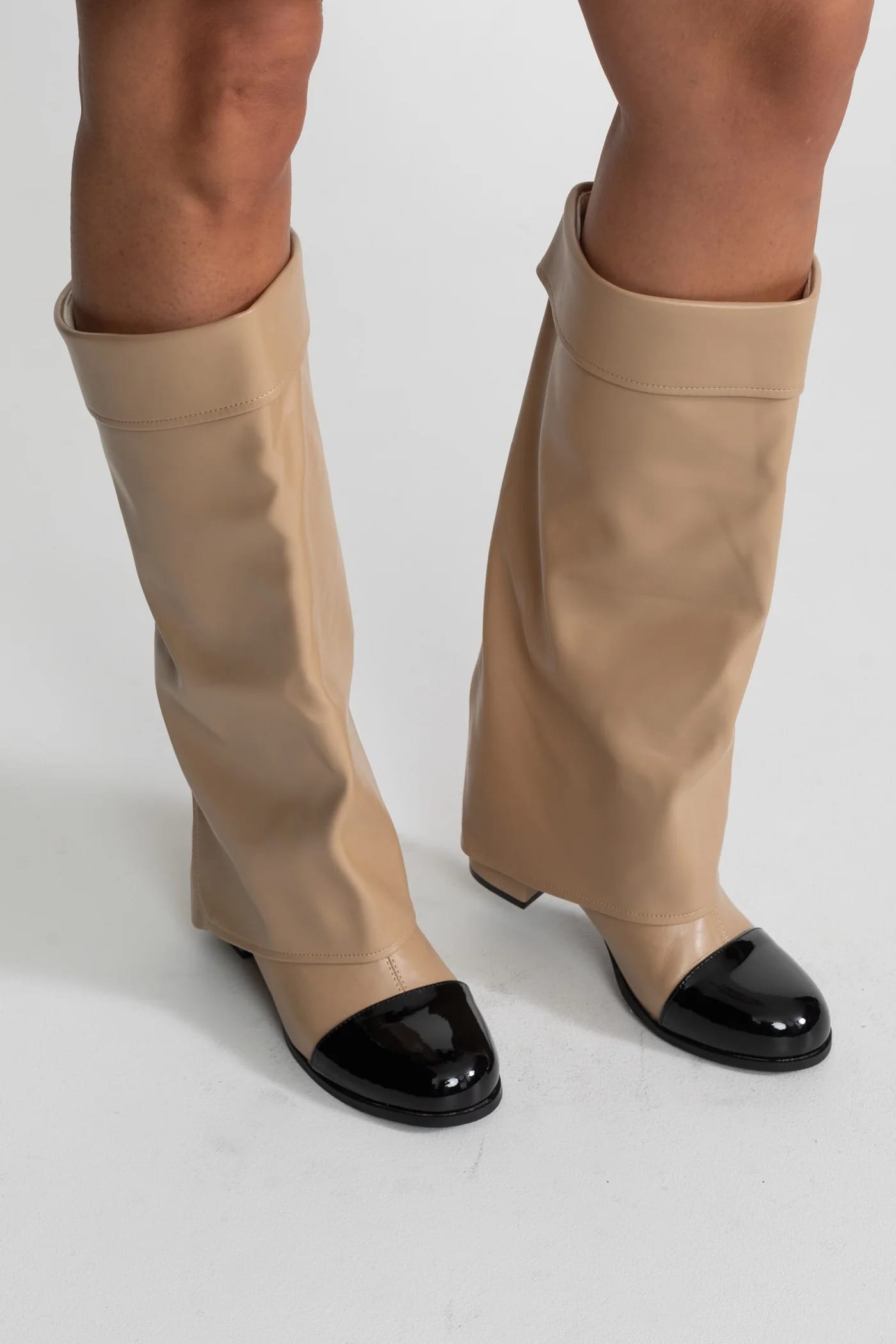 Fold Over Knee High Flat Boots - Khaki