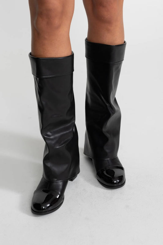 Fold Over Knee High Flat Boots - Black