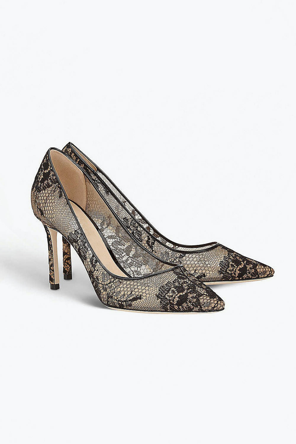 Pointed Toe Pumps with Lace Overlay - Black