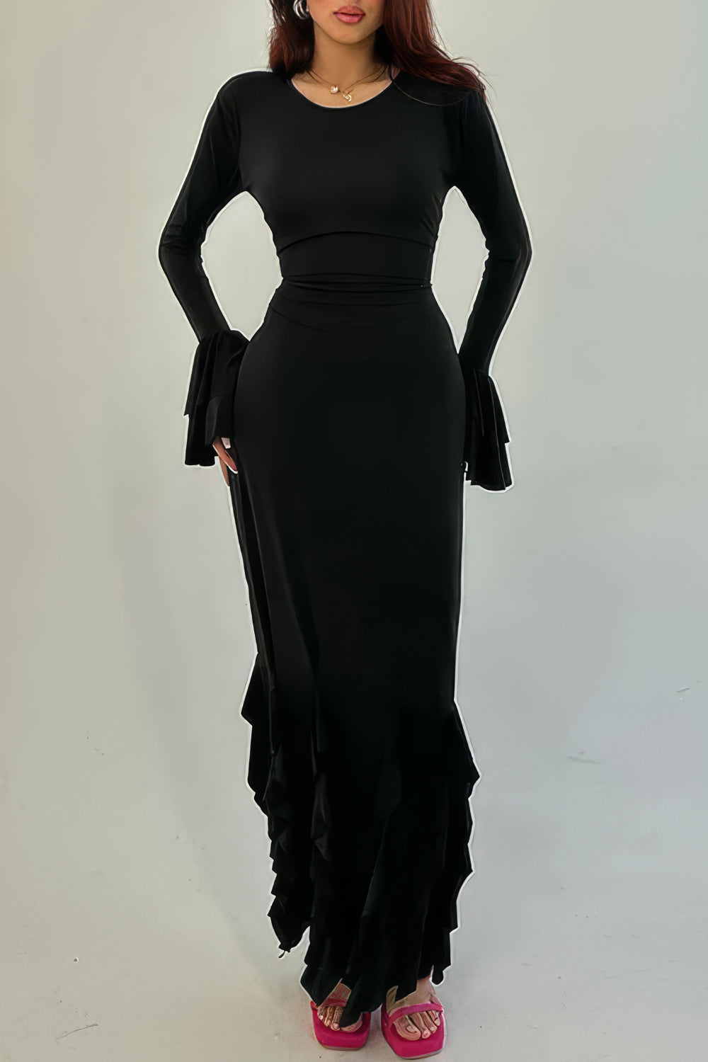 Ruffled Hem Maxi Dress with Layered Bell Sleeves