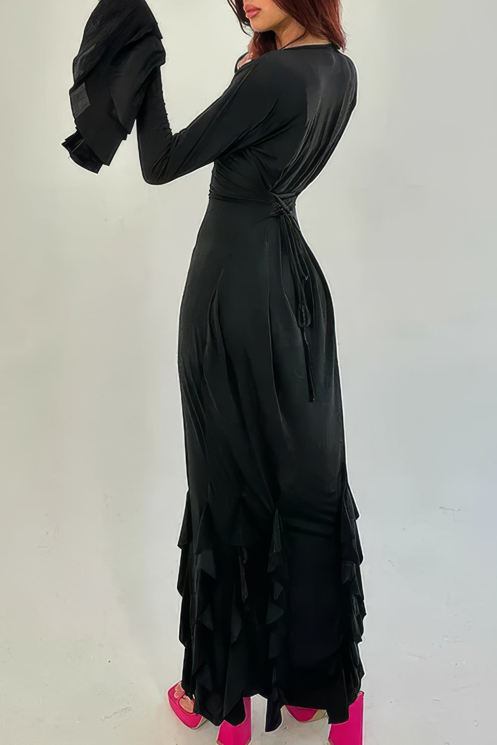 Ruffled Hem Maxi Dress with Layered Bell Sleeves