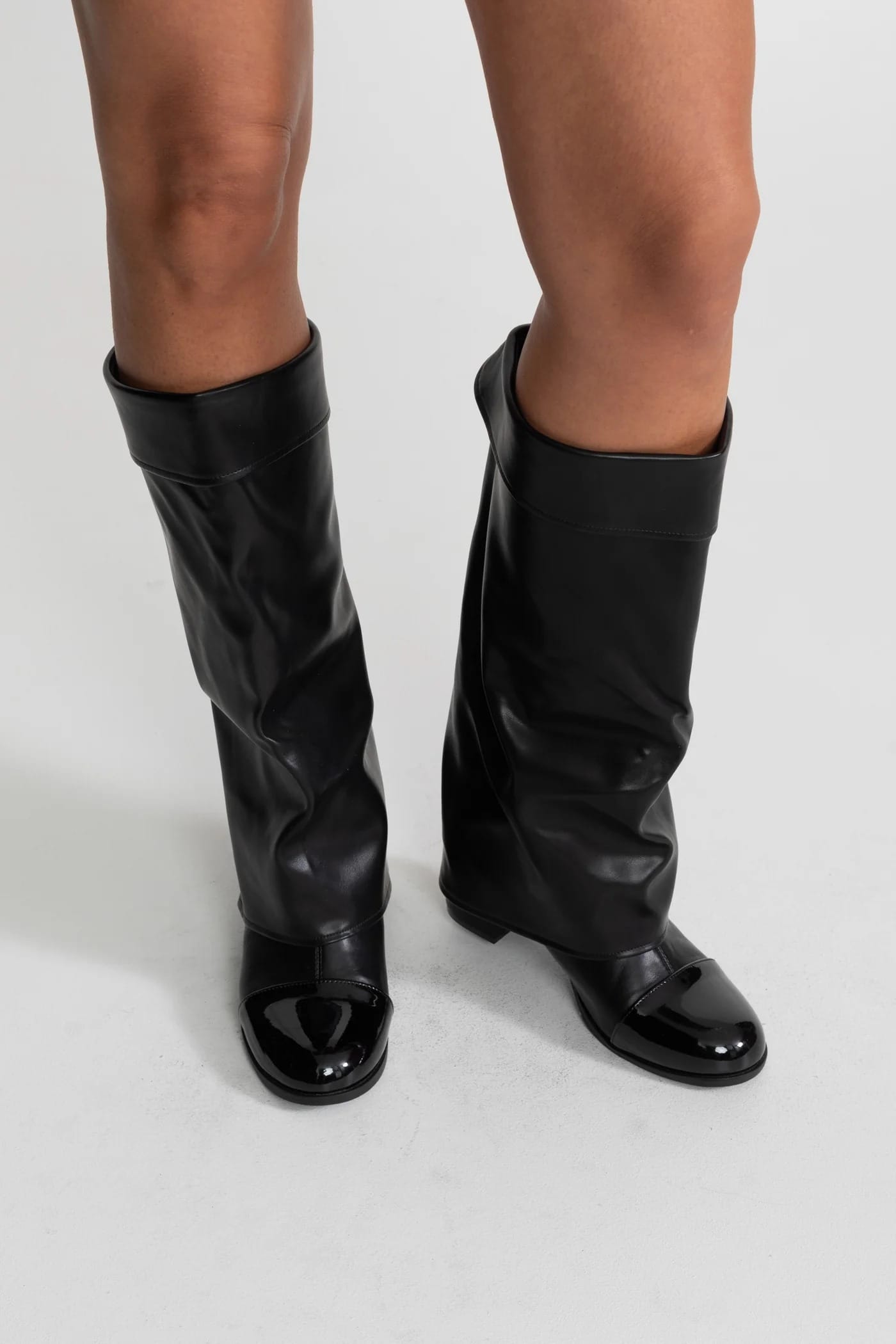 Fold Over Knee High Flat Boots - Black