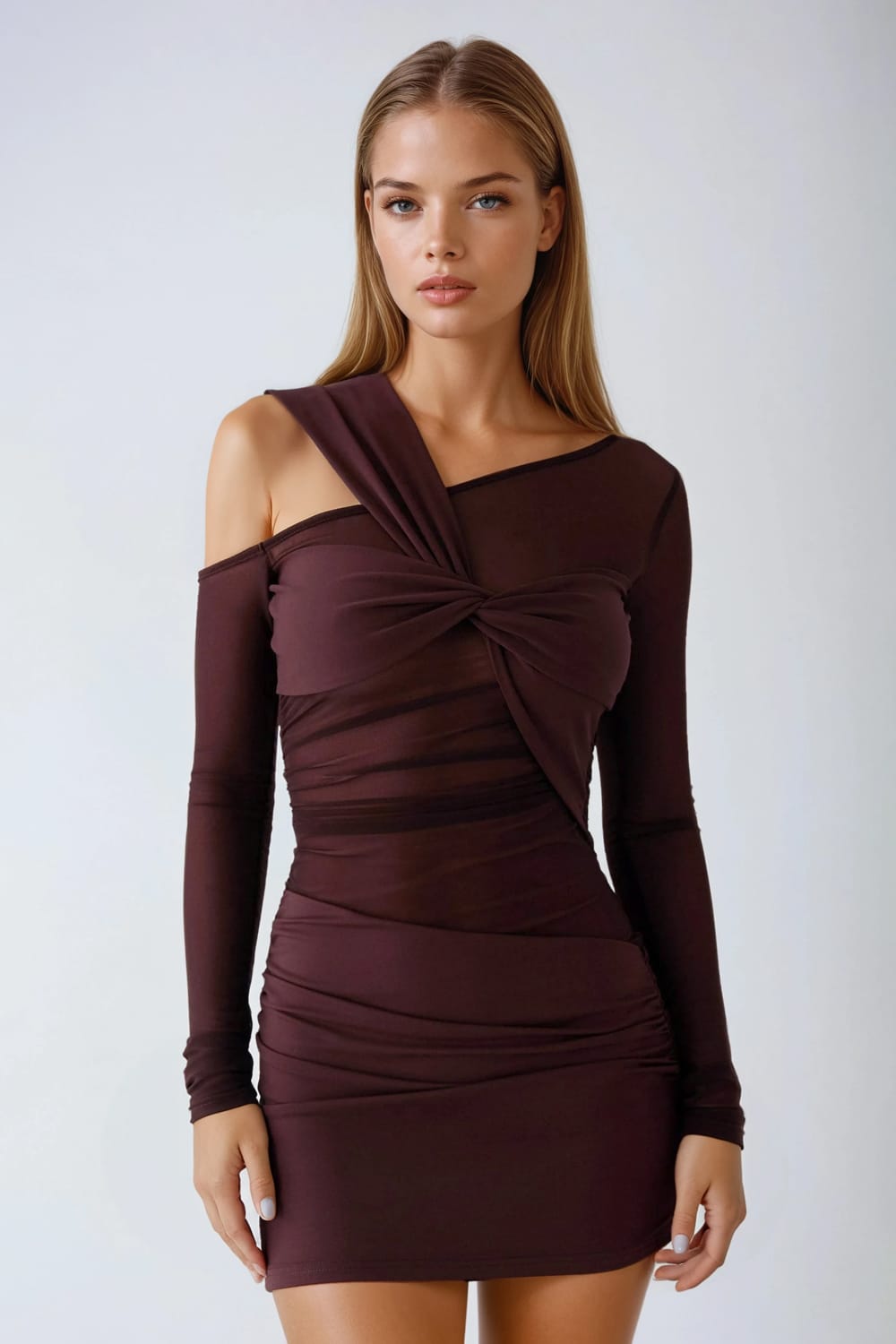 Asymmetrical Draped Long Sleeve Mini Dress - Maroon