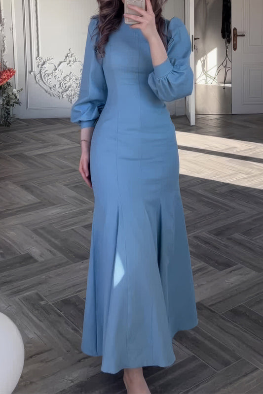 Classic Balloon Sleeve Midi Dress with Pleats