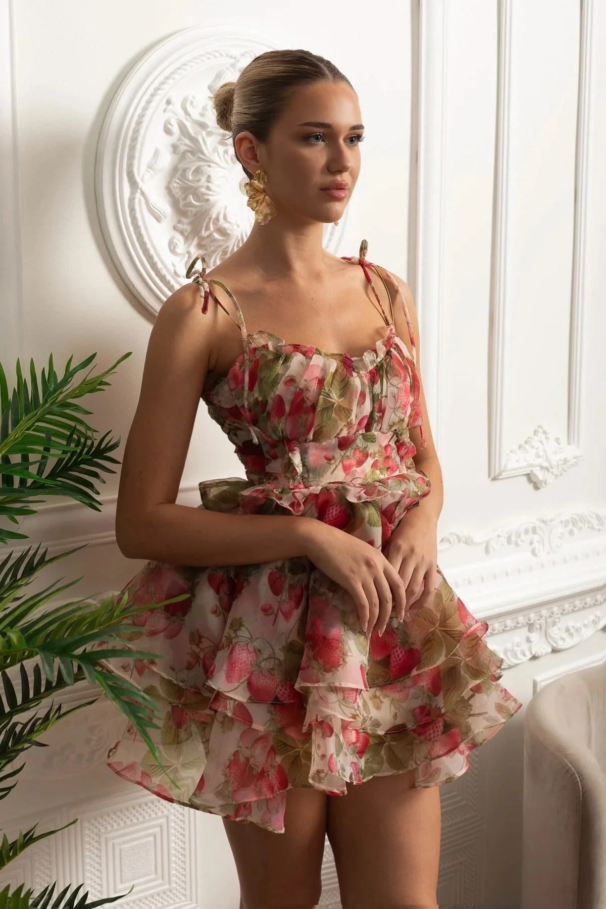 Tiered Ruffle Mini Dress With Floral Print - Pink