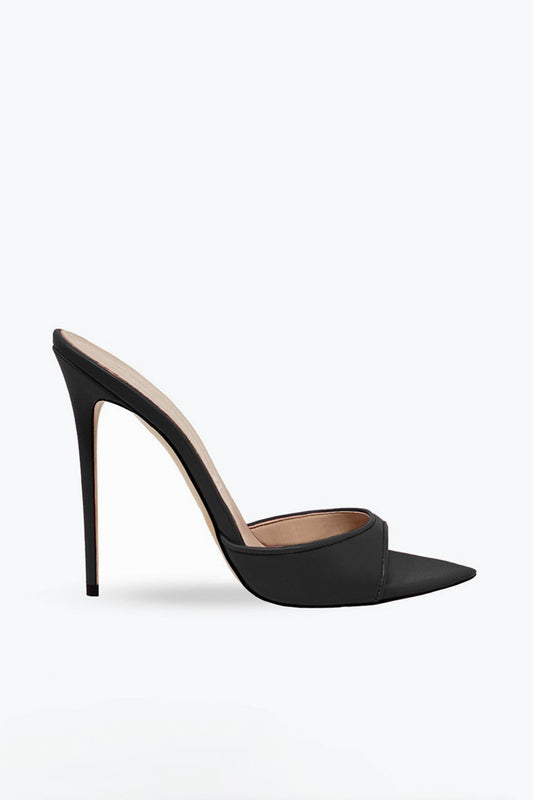 Pointed Mule Heels with Mixed Pattern and Glossy Front Strap - Black