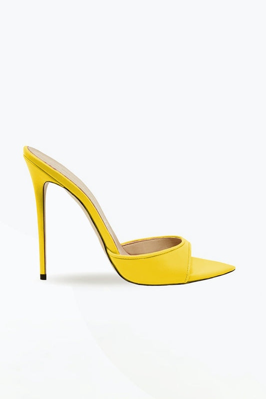 Pointed Mule Heels with Mixed Pattern and Glossy Front Strap - Yellow
