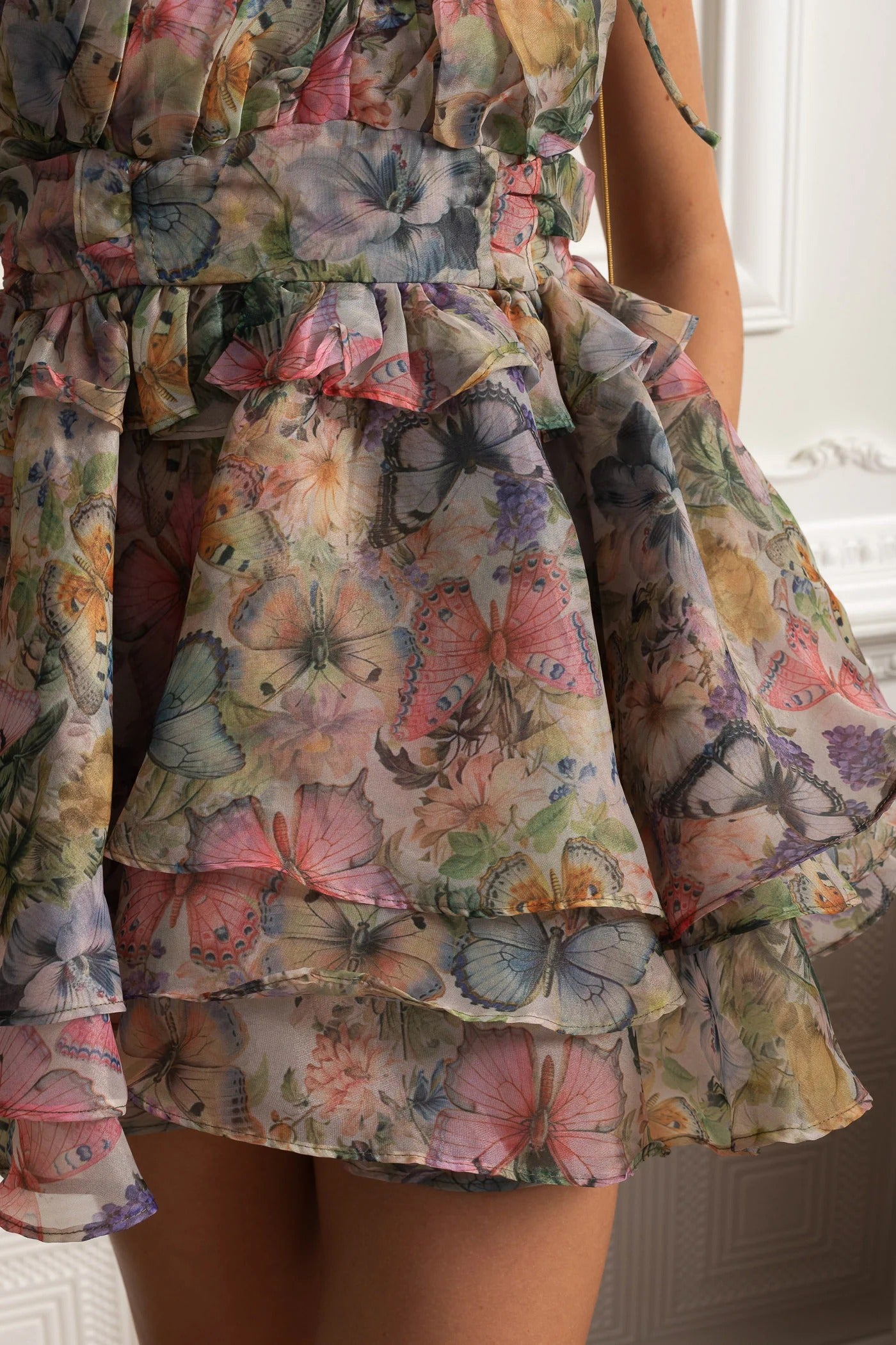 Tiered Ruffle Mini Dress With Floral Print - Blue