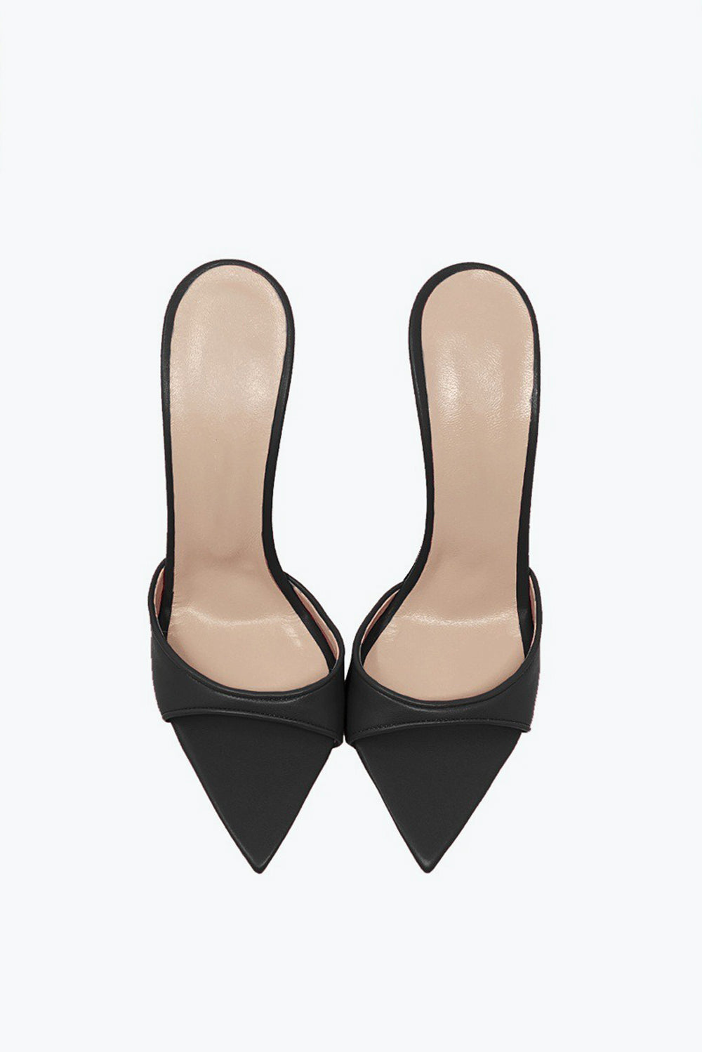 Pointed Mule Heels with Mixed Pattern and Glossy Front Strap - Black