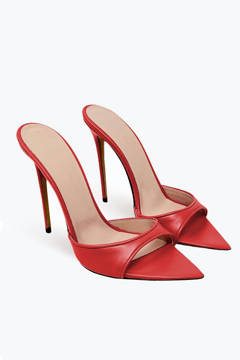 Pointed Mule Heels with Mixed Pattern and Glossy Front Strap - Red