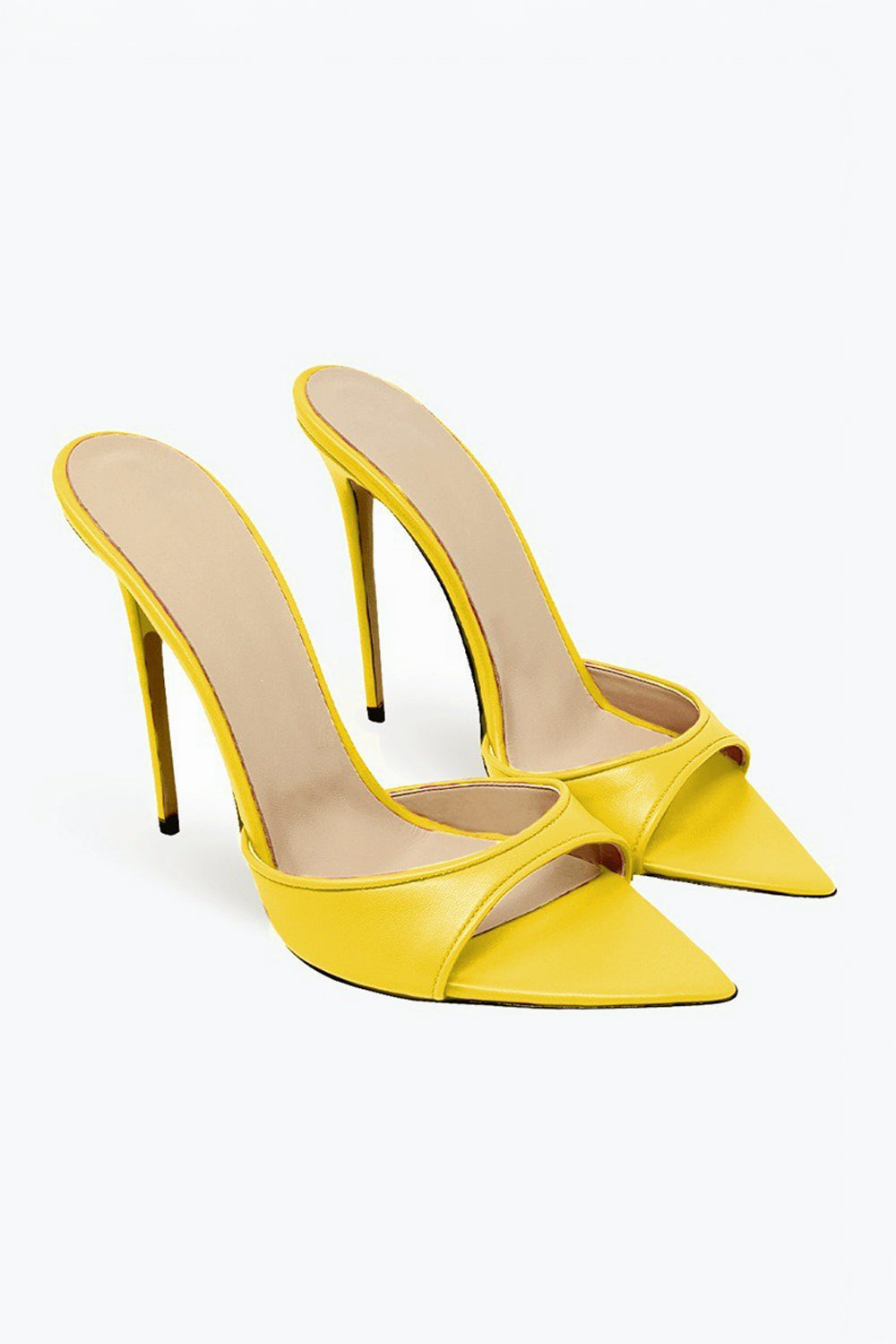 Pointed Mule Heels with Mixed Pattern and Glossy Front Strap - Yellow