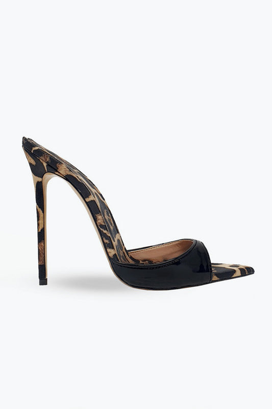 Pointed Mule Heels with Mixed Pattern and Glossy Front Strap - Dark Brown