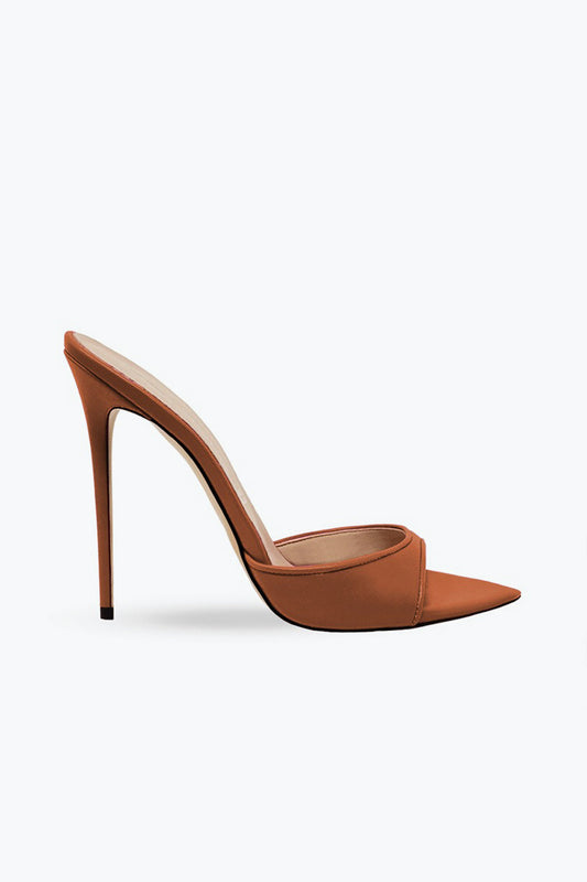 Pointed Mule Heels with Mixed Pattern and Glossy Front Strap - Brown