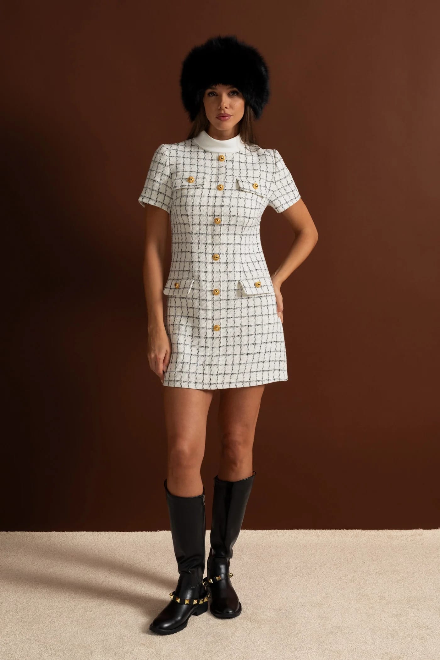Short Sleeve Mini Dress with Structured Collar and Button Details - White