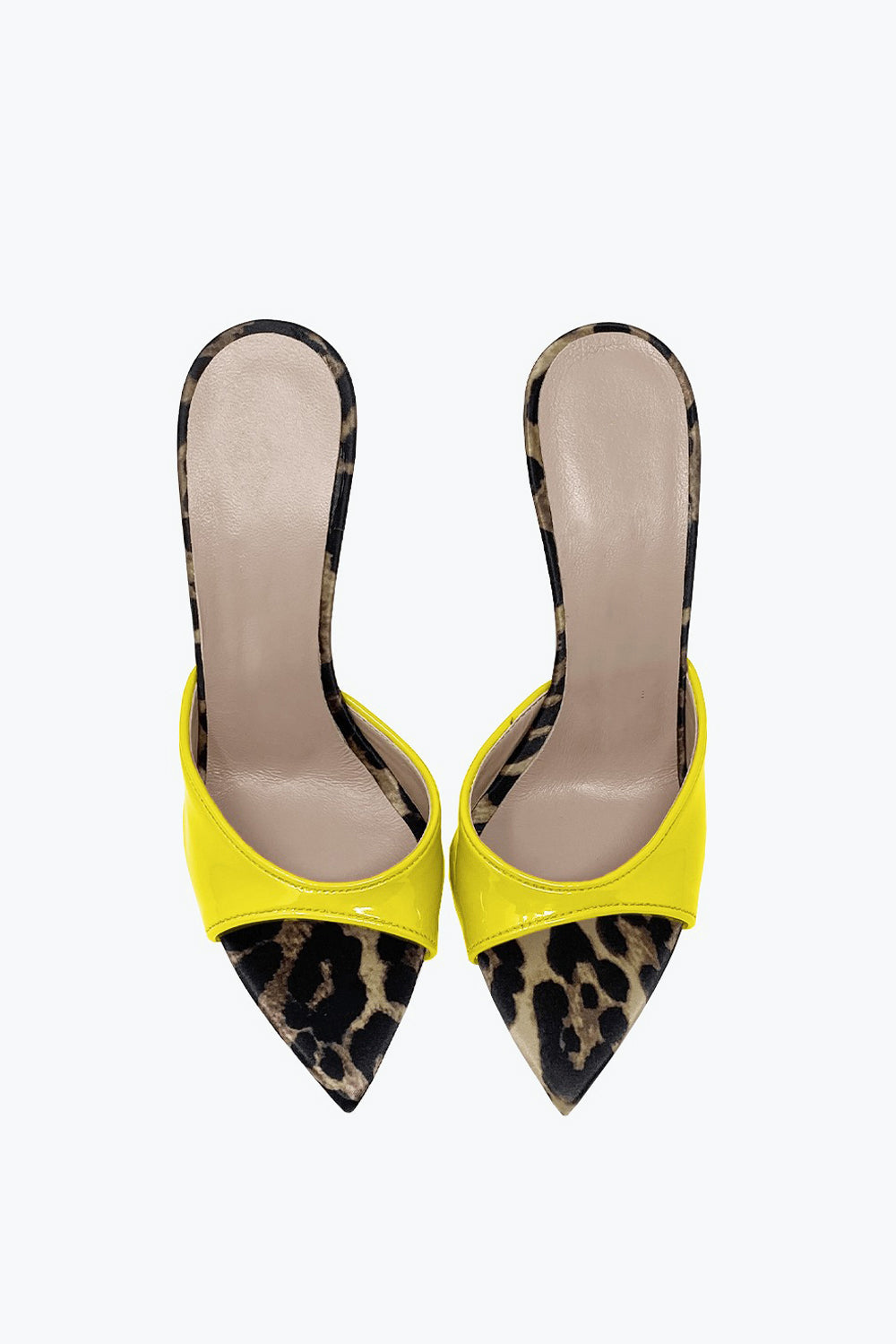Pointed Mule Heels with Mixed Pattern and Glossy Front Strap - Dark Yellow