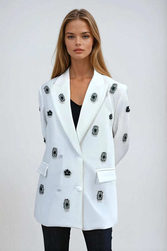 Oversized Embellished Double-Breasted Blazer - White