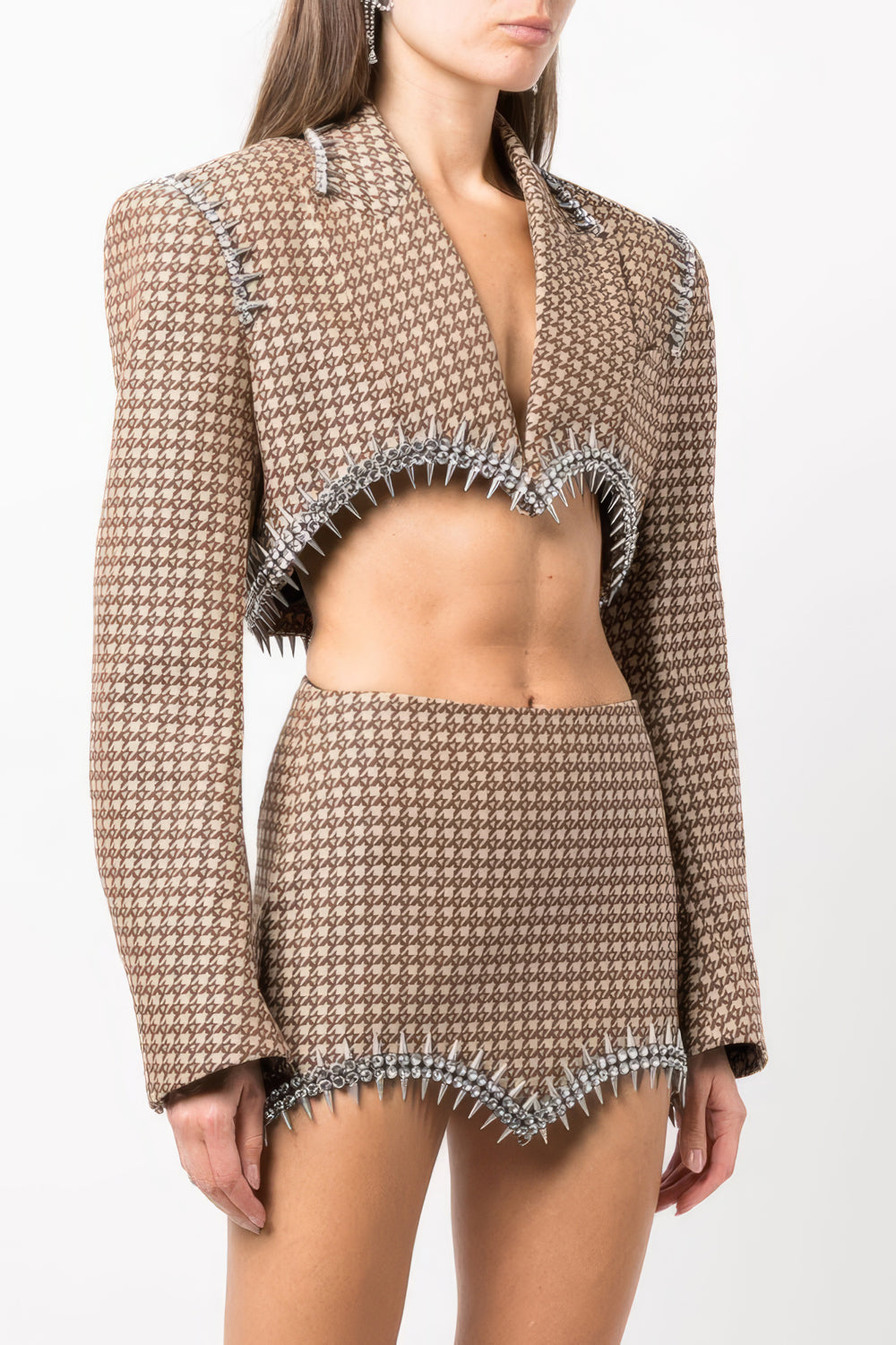 Embellished Houndstooth Cropped Blazer and Mini Skirt Co-Ord Set