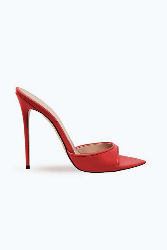 Pointed Mule Heels with Mixed Pattern and Glossy Front Strap - Red