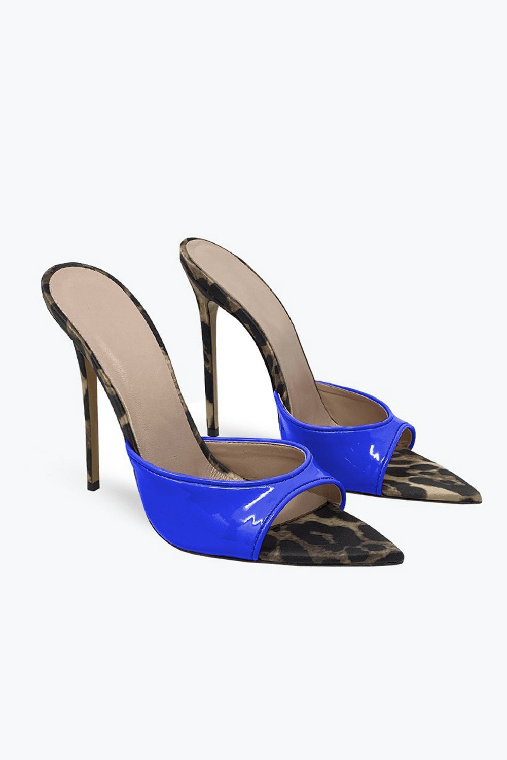 Pointed Mule Heels with Mixed Pattern and Glossy Front Strap - Blue