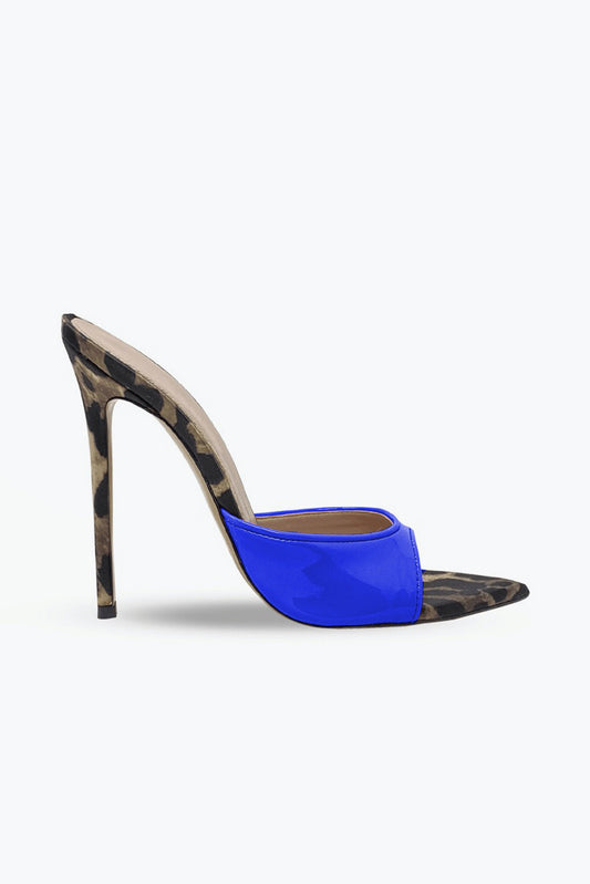 Pointed Mule Heels with Mixed Pattern and Glossy Front Strap - Blue