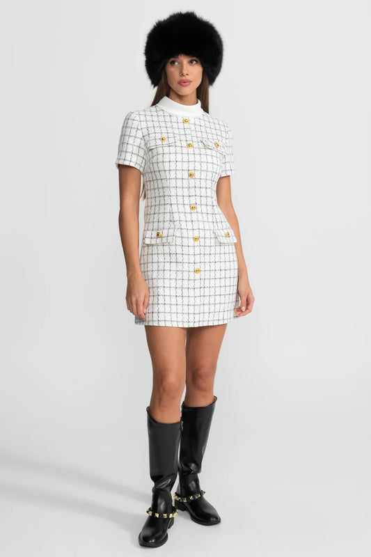 Short Sleeve Mini Dress with Structured Collar and Button Details - White