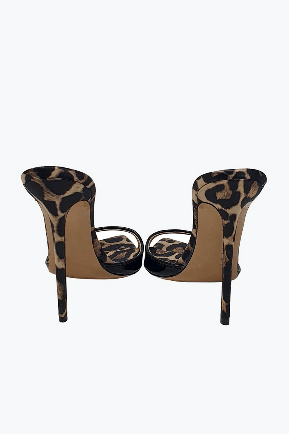Pointed Mule Heels with Mixed Pattern and Glossy Front Strap - Dark Brown