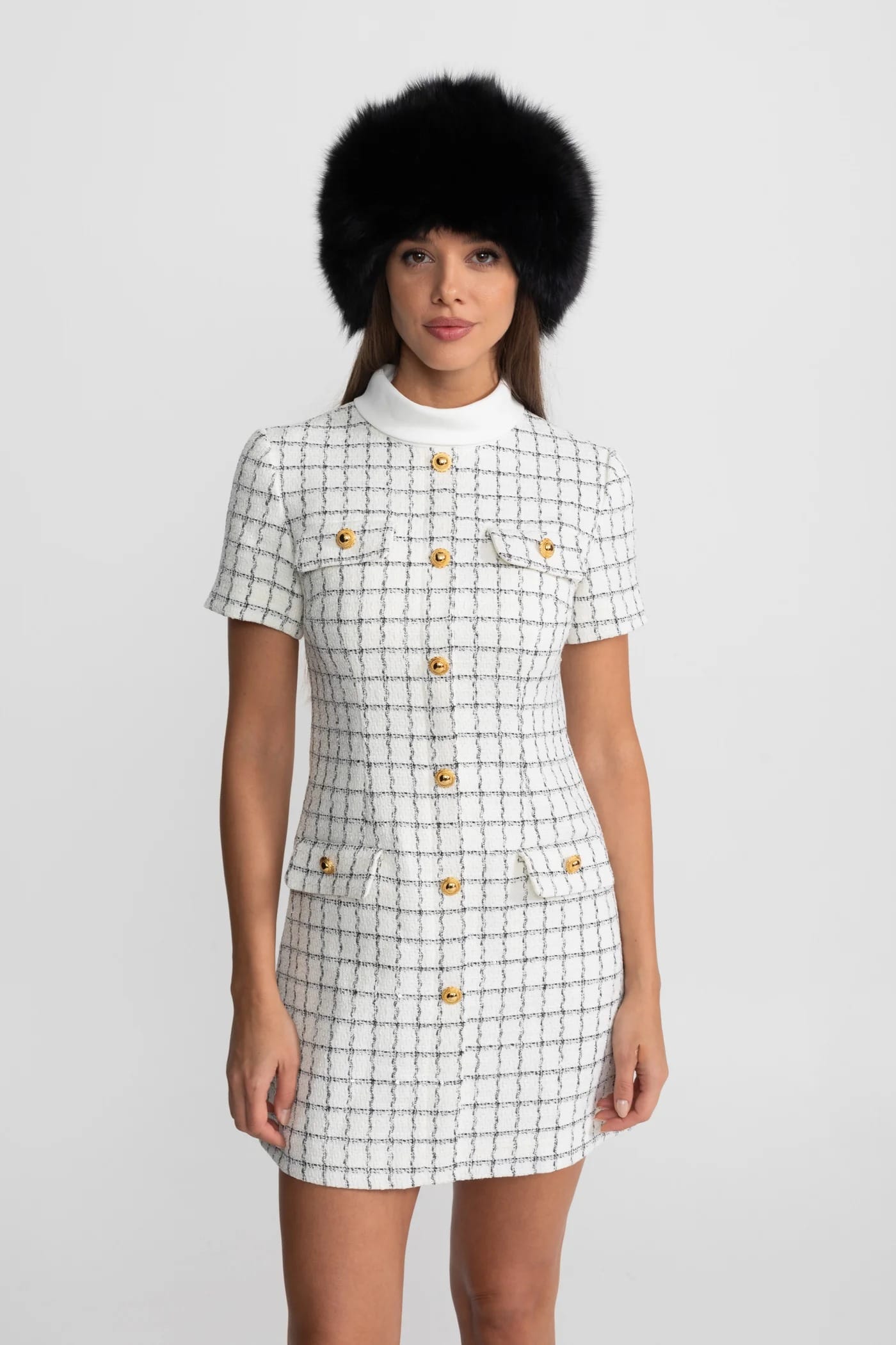 Short Sleeve Mini Dress with Structured Collar and Button Details - White