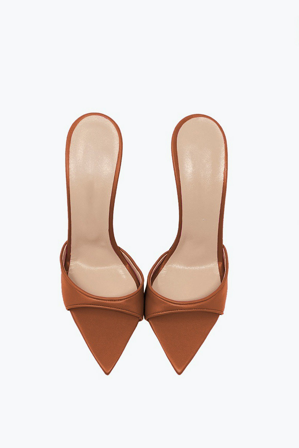 Pointed Mule Heels with Mixed Pattern and Glossy Front Strap - Brown