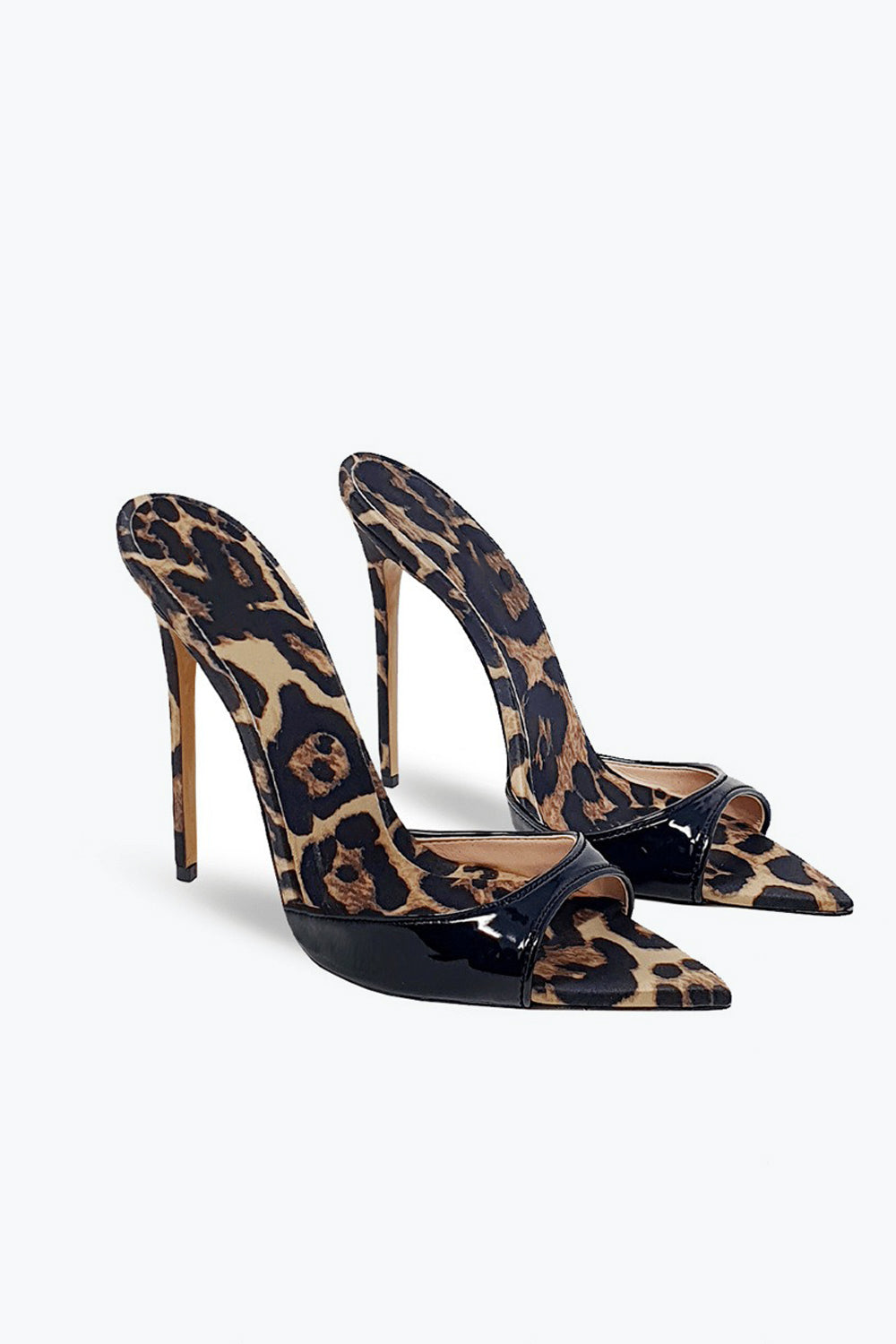 Pointed Mule Heels with Mixed Pattern and Glossy Front Strap - Dark Brown