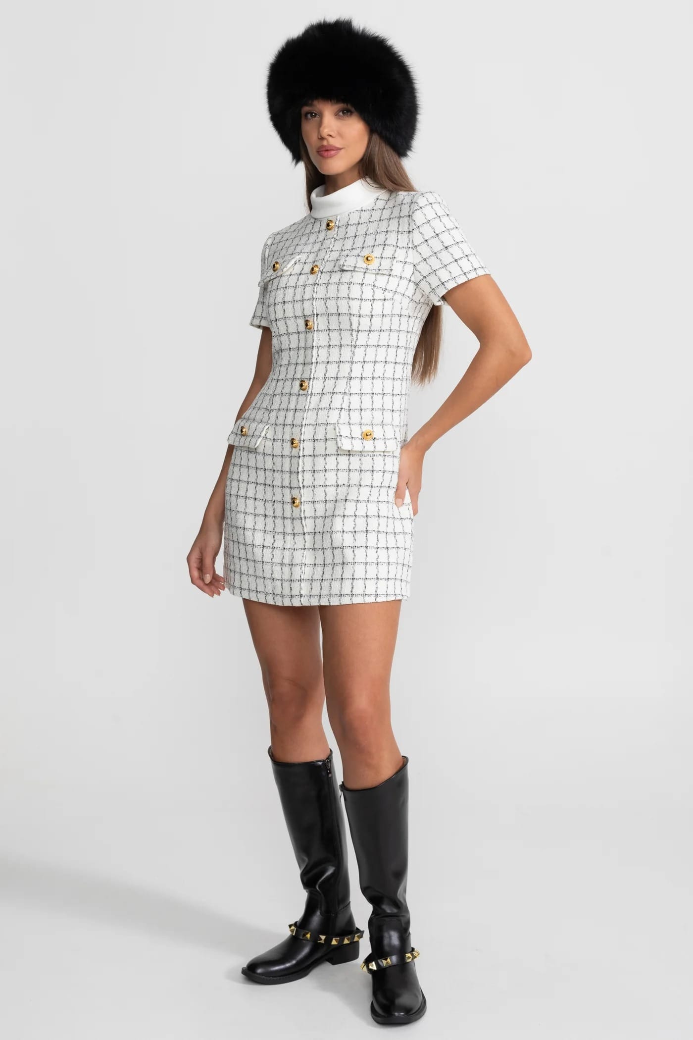 Short Sleeve Mini Dress with Structured Collar and Button Details - White