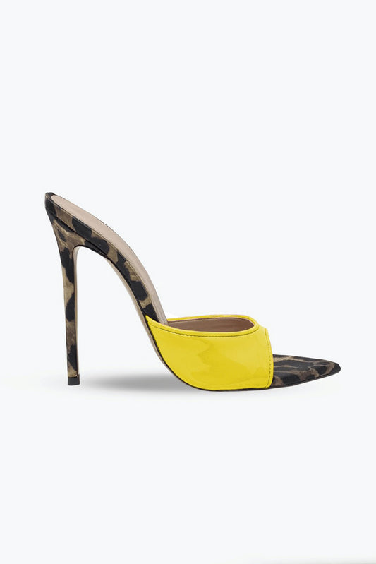 Pointed Mule Heels with Mixed Pattern and Glossy Front Strap - Dark Yellow