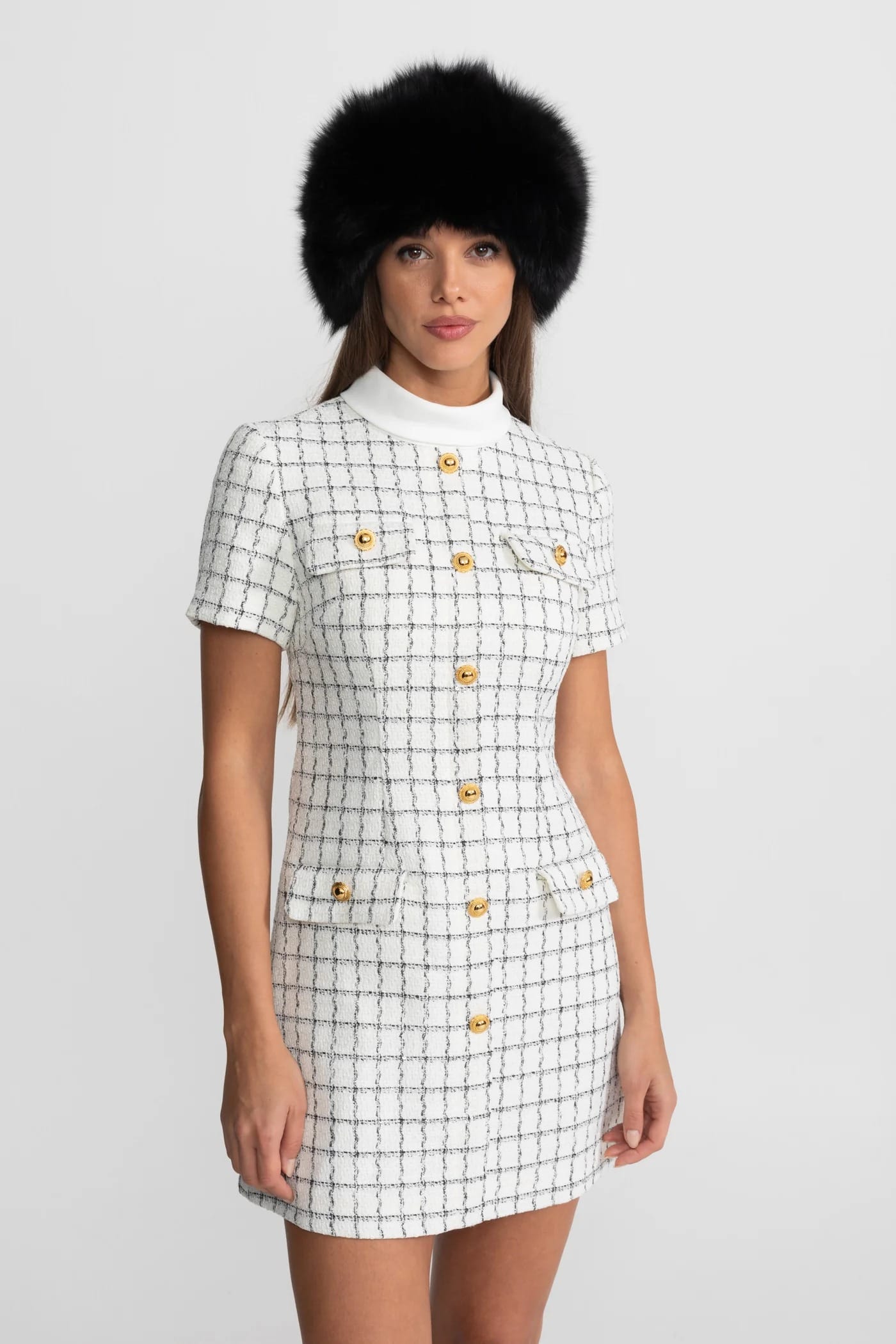 Short Sleeve Mini Dress with Structured Collar and Button Details - White