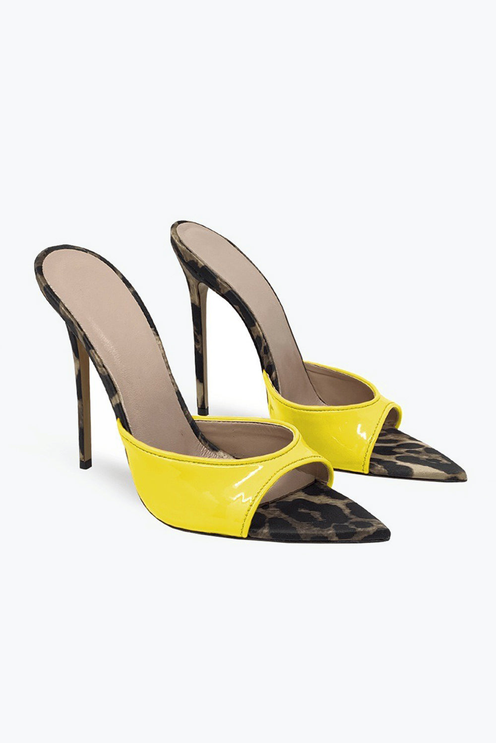 Pointed Mule Heels with Mixed Pattern and Glossy Front Strap - Dark Yellow