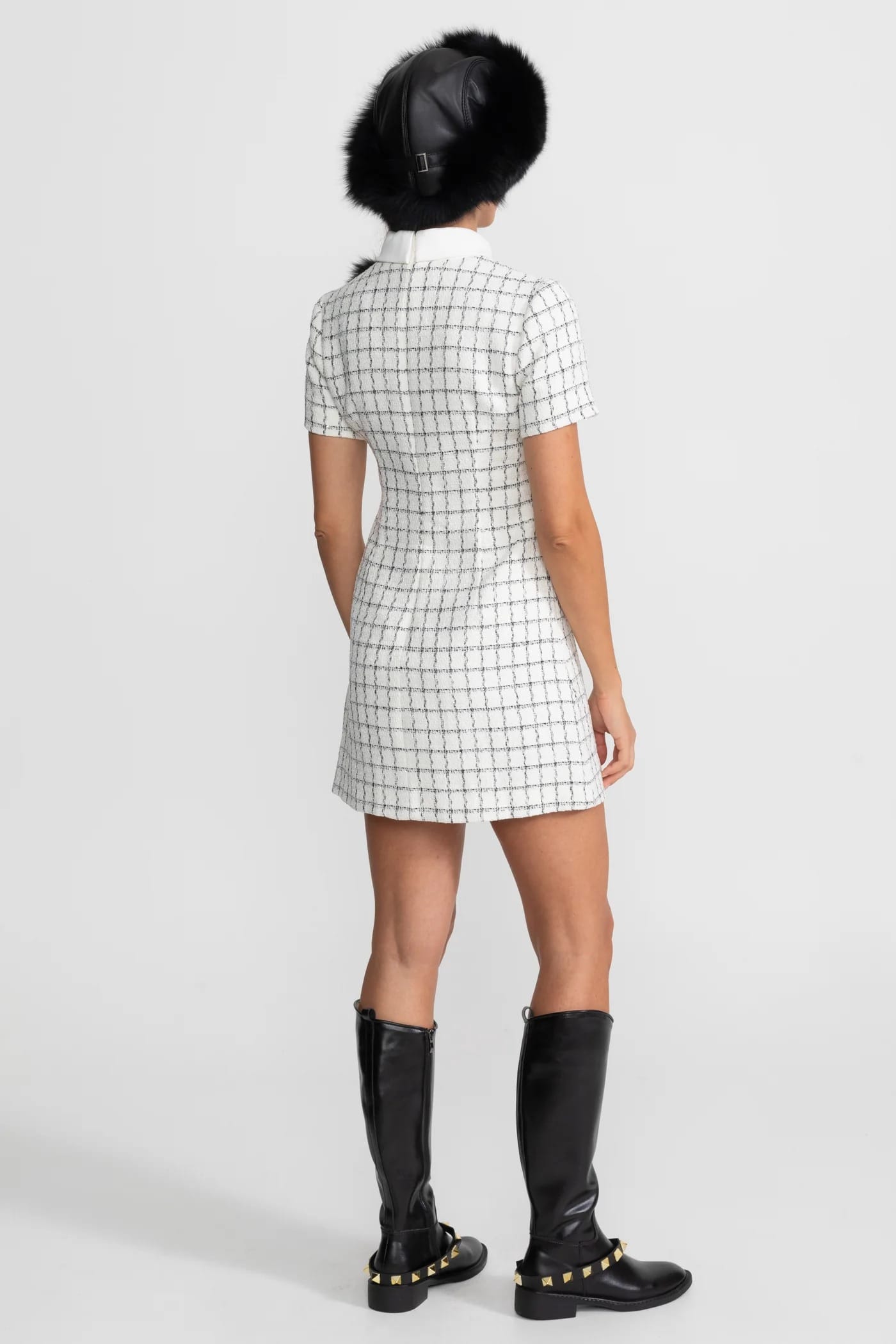 Short Sleeve Mini Dress with Structured Collar and Button Details - White
