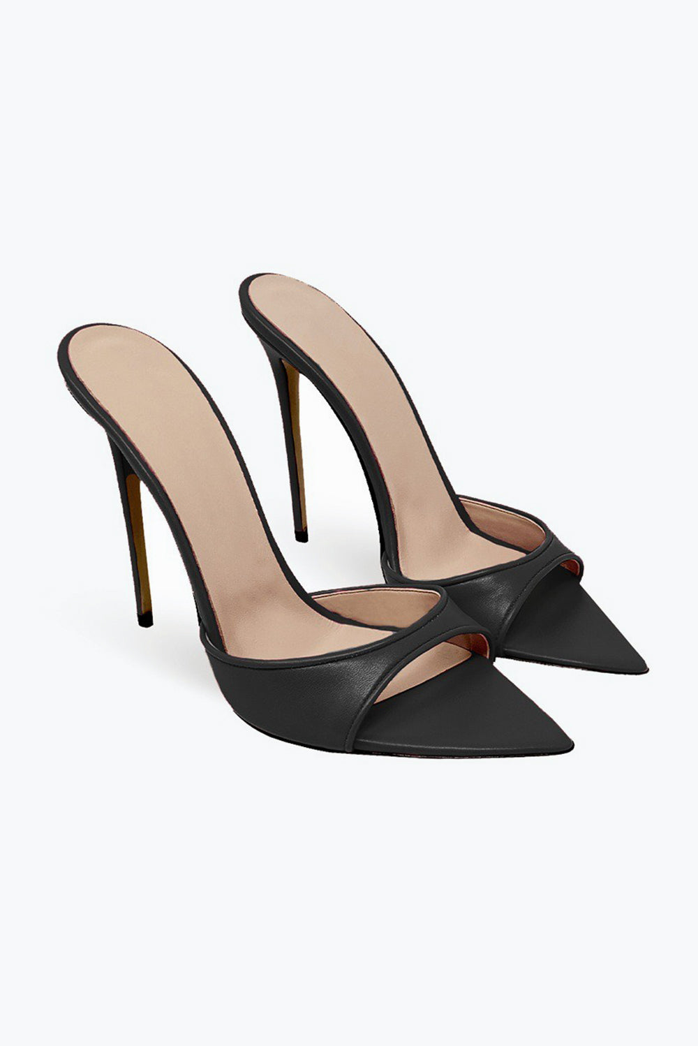 Pointed Mule Heels with Mixed Pattern and Glossy Front Strap - Black