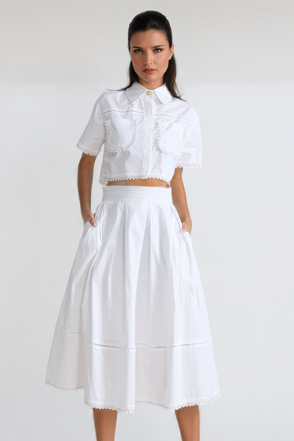 Elegant Copped Shirt and Pleated Skirt Co-Ord Set - White