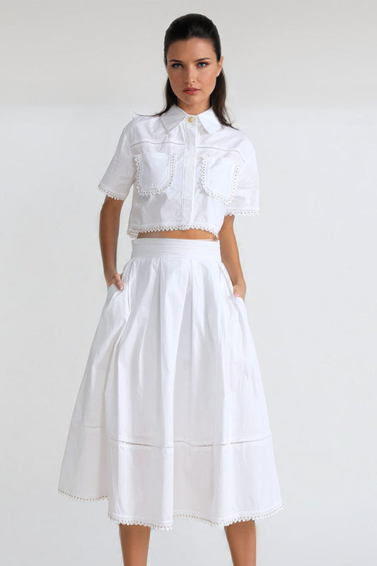 Elegant Copped Shirt and Pleated Skirt Co-Ord Set - White