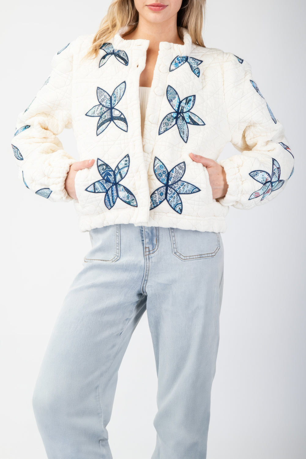 Quilted Floral-Patterned Button-Up Coat
