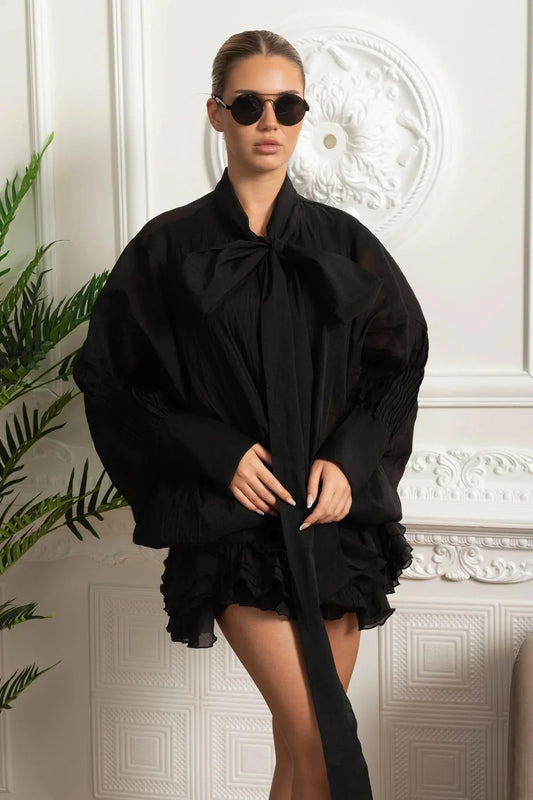 Oversized Bow Blouse With Billowed Sleeves - Black