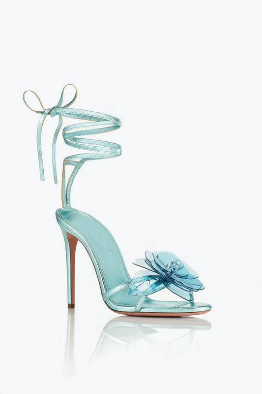Lace-Up Sandals with Flower Detail - Blue