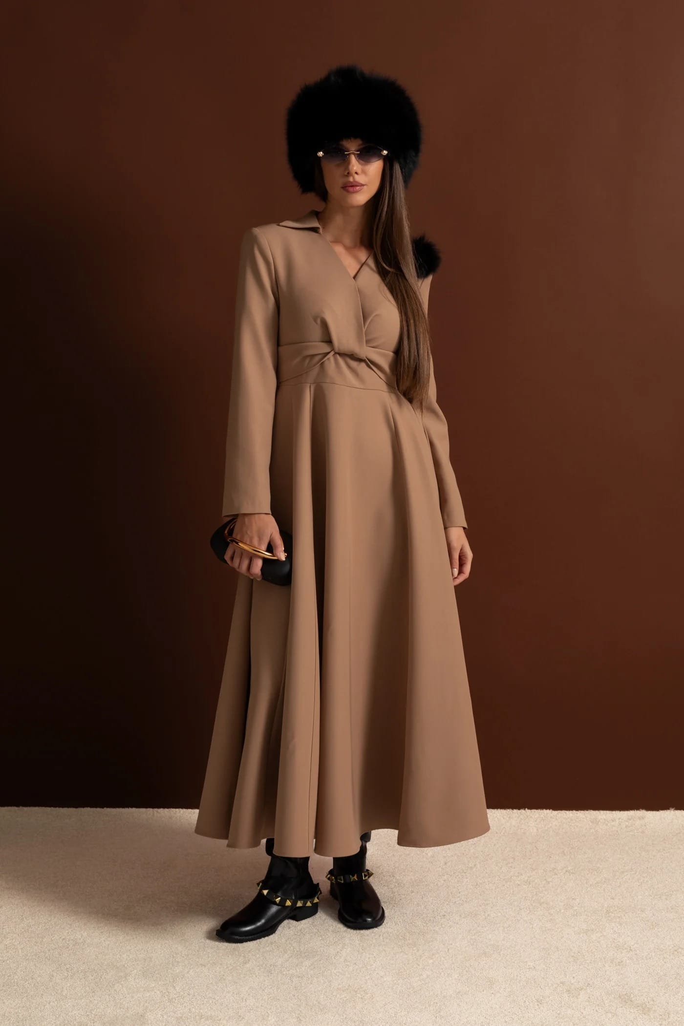 Long Sleeve Midi Dress with Twist Detail and Flared Hem - Khaki
