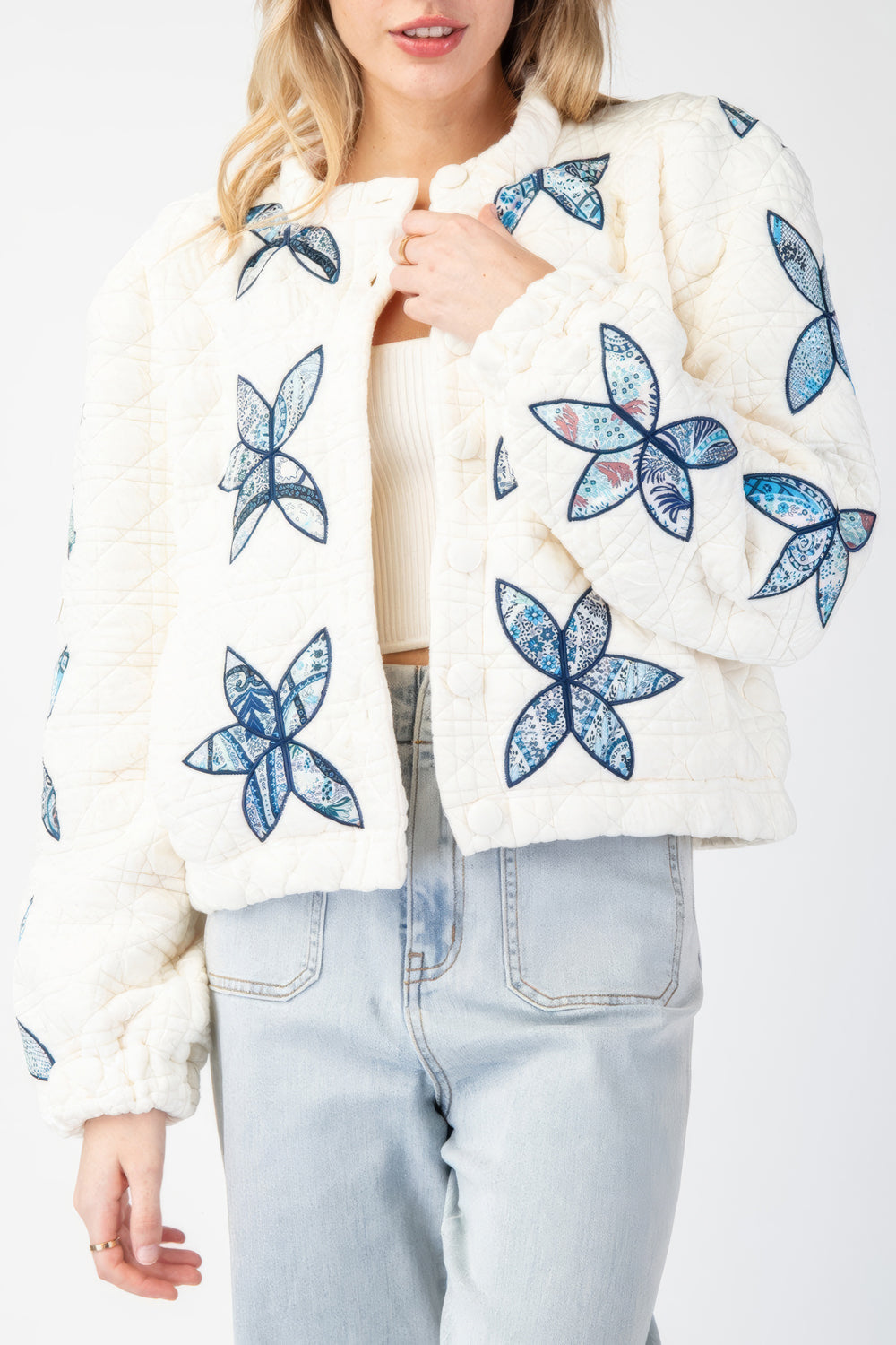 Quilted Floral-Patterned Button-Up Coat