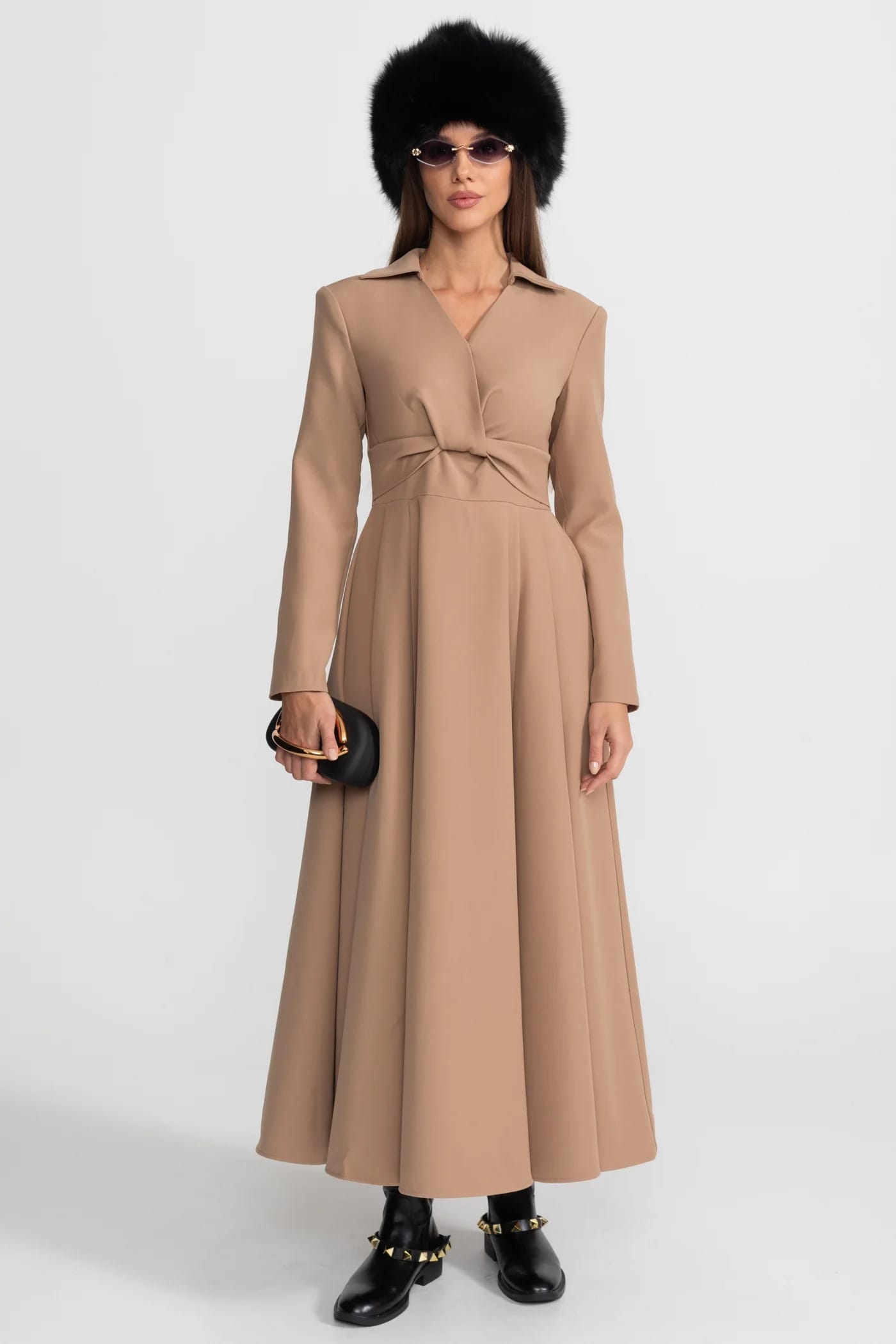 Long Sleeve Midi Dress with Twist Detail and Flared Hem - Khaki