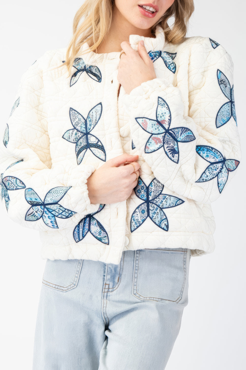 Quilted Floral-Patterned Button-Up Coat