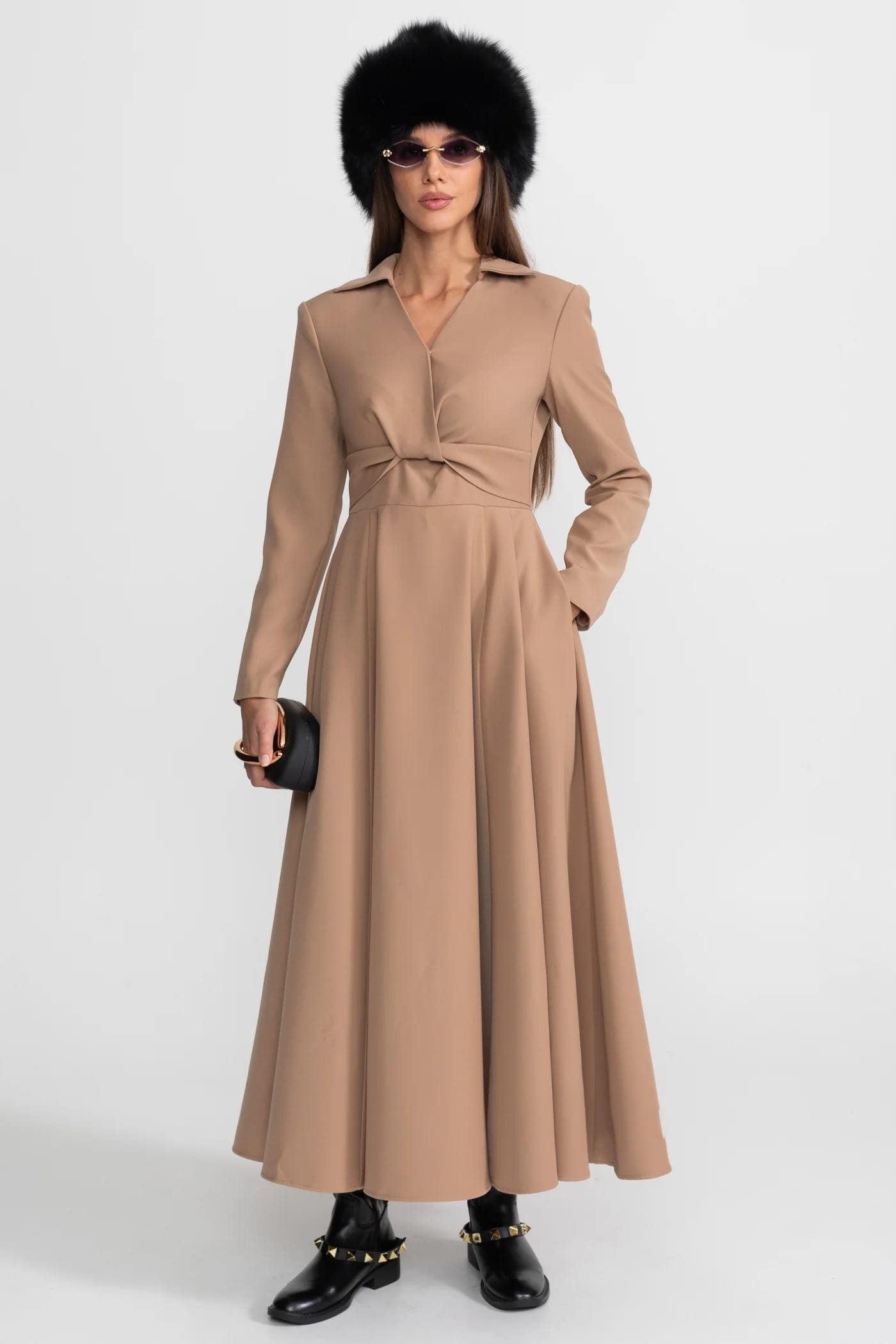 Long Sleeve Midi Dress with Twist Detail and Flared Hem - Khaki