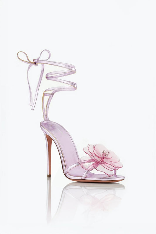 Lace-Up Sandals with Flower Detail - Pink