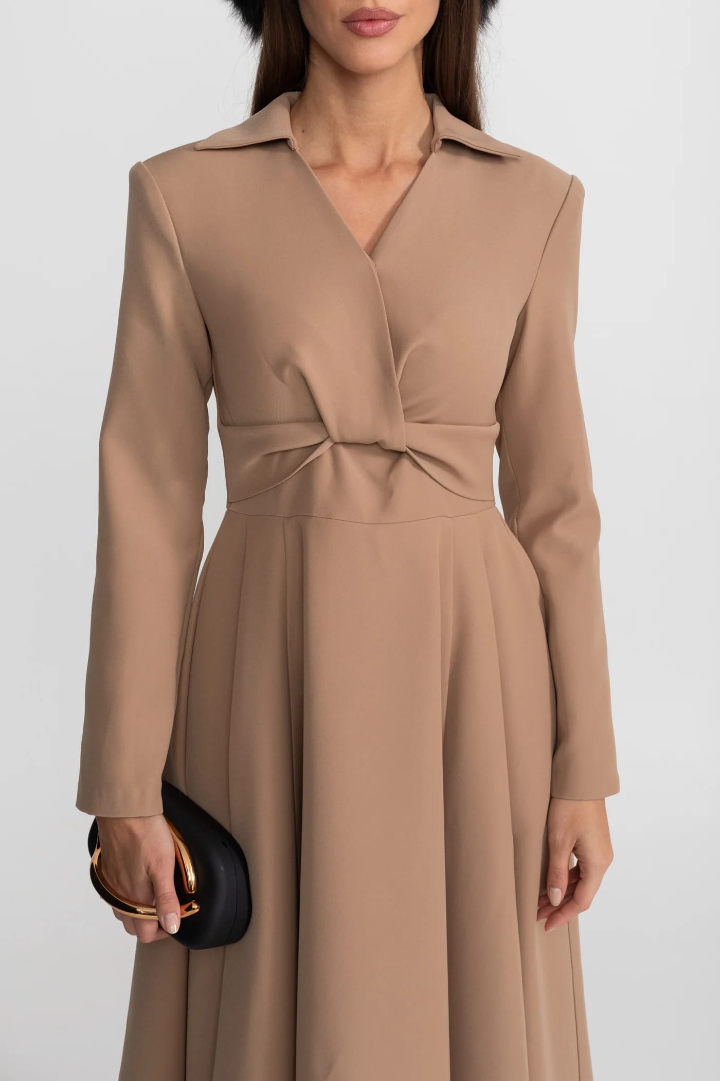 Long Sleeve Midi Dress with Twist Detail and Flared Hem - Khaki