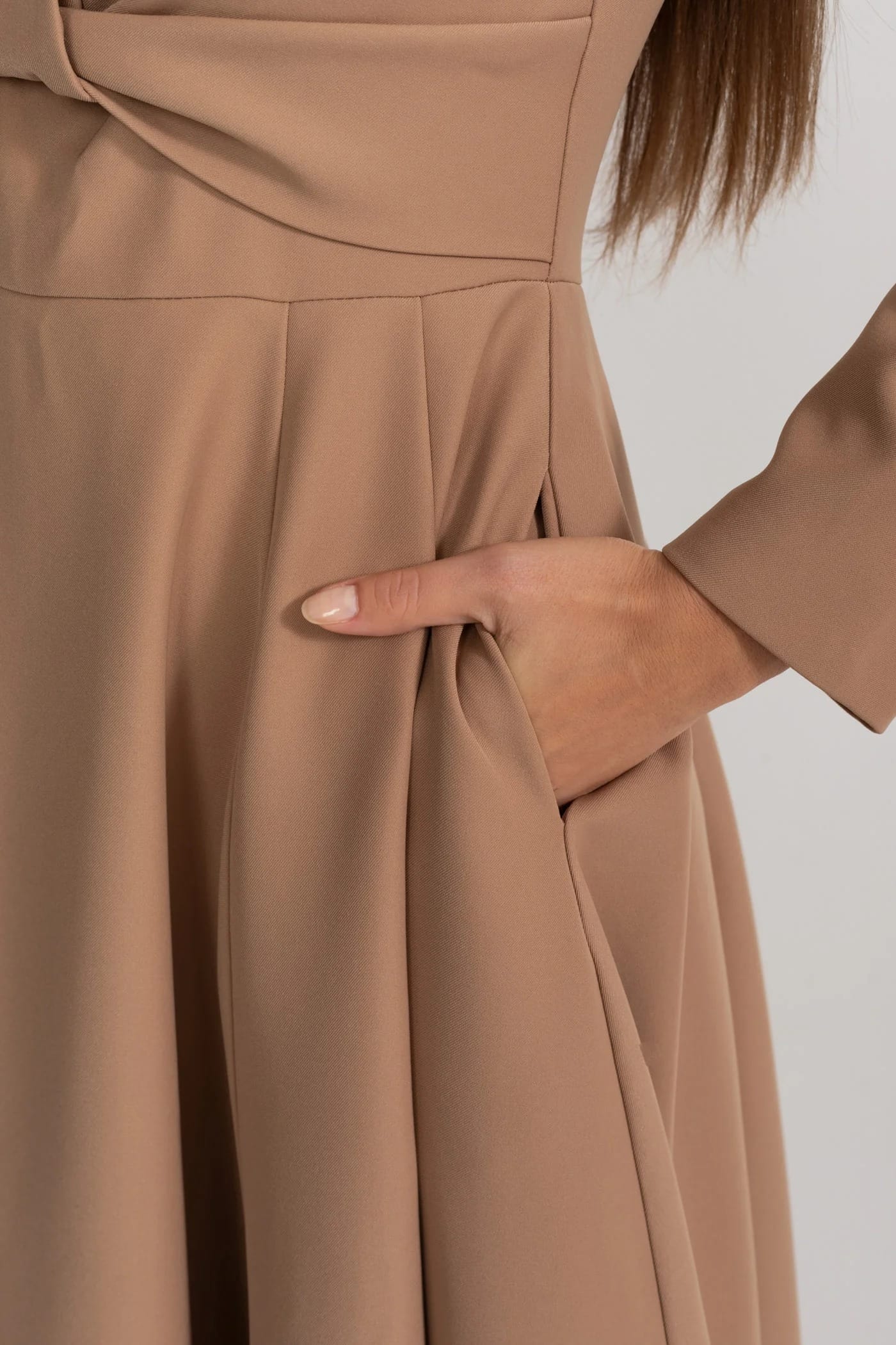 Long Sleeve Midi Dress with Twist Detail and Flared Hem - Khaki