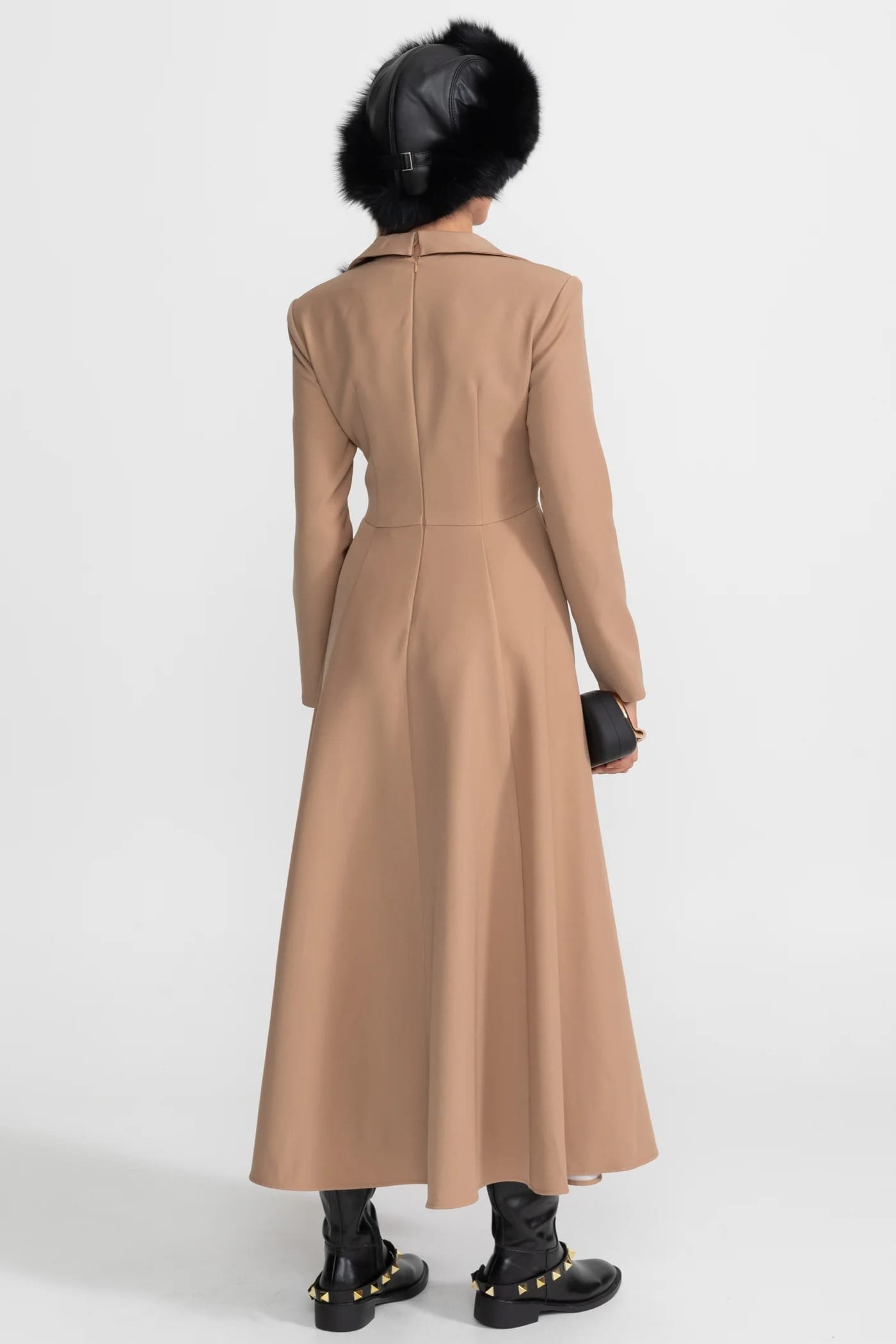 Long Sleeve Midi Dress with Twist Detail and Flared Hem - Khaki
