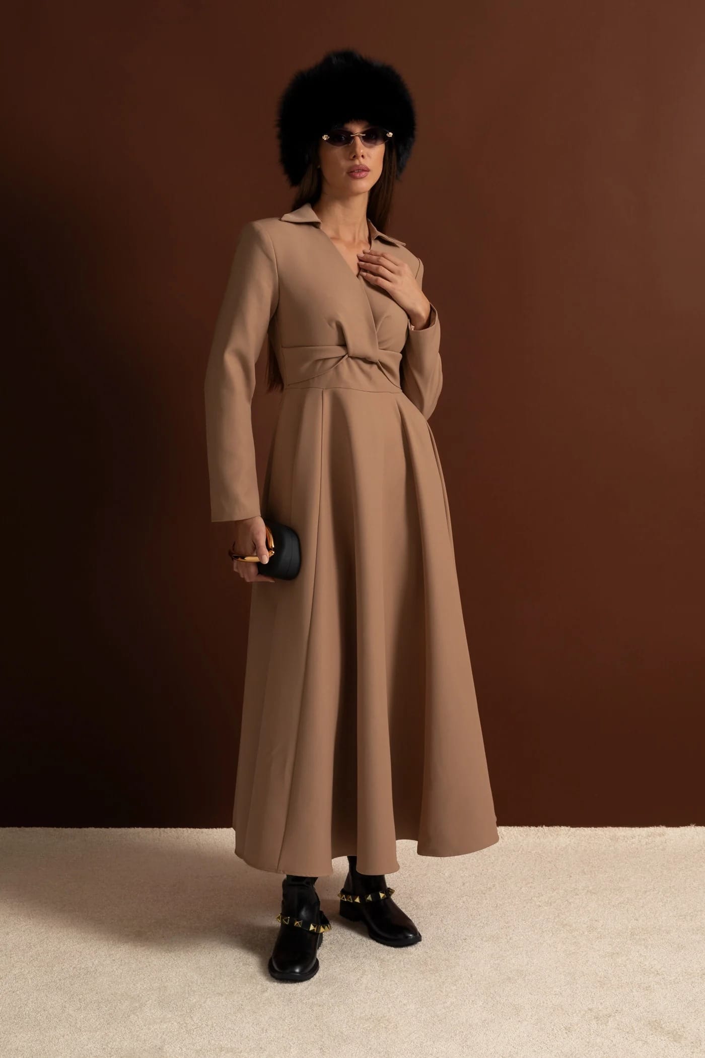 Long Sleeve Midi Dress with Twist Detail and Flared Hem - Khaki